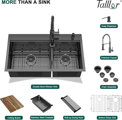 33"x19" Drop In Kitchen Sink - Double Bowl Workstation Black Kitchen Sink with Faucet 16 Gauge Stainless Steel Topmount Double Bowl 60/40 Split Over Mount Sinks Round Corner #TLT-0028