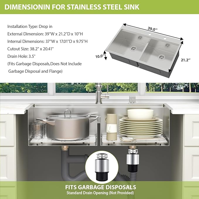 39-inch Drop In Kitchen Sink - Double Bowl 50/50 Multifunctional Workstation Large Kitchen Sink, 304 Stainless Steel 16 Gauge Above Counter Sinks for Kitchen with Mixing Bowl, 39''x22''x10''