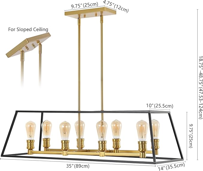 JONATHAN Y 35" Black/Brass Gold Farmhouse Industrial 8-Light Iron LED Pendant Light for Kitchen Island Dining Room, Modern Cage Lantern, Adjustable Height, 4 Bulbs Included (JYL6511A)
