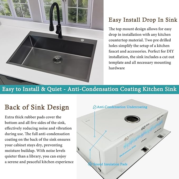 33x22 Black Drop In Kitchen Sink, Delironexu 16 Gauge 304 Black Stainless Steel Top Mount Kitchen Sink, 33 Inch Single Bowl Black Kitchen Sink with Accessories