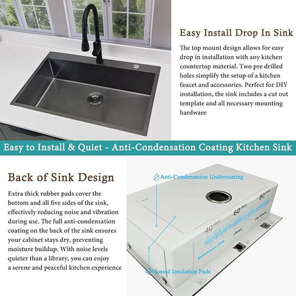 33x22 Black Drop In Kitchen Sink, Delironexu 16 Gauge 304 Black Stainless Steel Top Mount Kitchen Sink, 33 Inch Single Bowl Black Kitchen Sink with Accessories