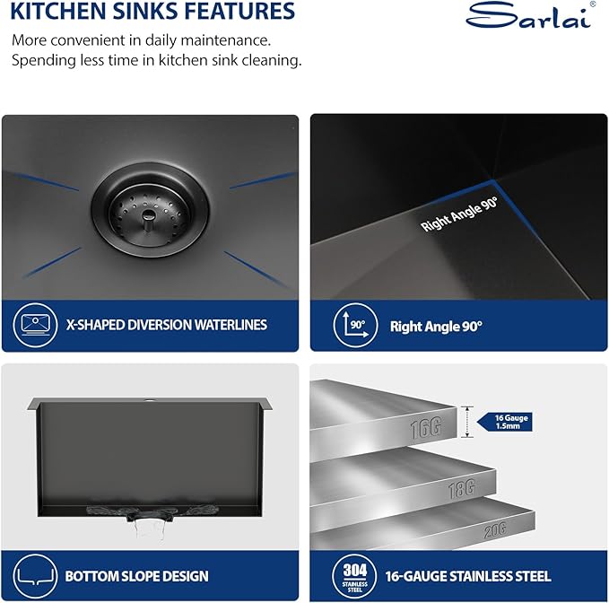 Sarlai Laundry Sink - Drop In 25"x22"x12" Deep Black Laundry Utility Sink Drop-in Topmount Single Bowl Sink 16 Gauge Stainless Steel Gunmetal Black Kitchen Laundry Room Sinks
