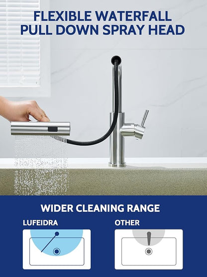 Kitchen Faucet with Pull Down Sprayer, Waterfall Single Hole Single Handle Sink Faucets with Pull-Down Sprayer for RV Kitchen Camper, Brushed Nickel Waterfall