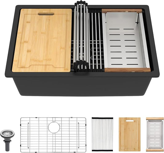 Lordear Undermount Kitchen Sink Composite Granite Sink Quartz Sinks Workstation 28 Inch Black Under Counter Kitchen Sinks 28x19 Inch