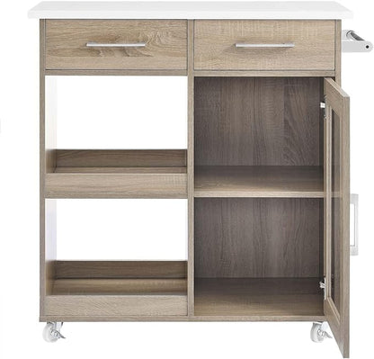 Modway Culinary Rolling Kitchen Cart with Storage in Oak White - 3 Tiers Kitchen Island on Wheels with Towel Bar, Functional as a Coffee Station, Bar Cabinet or Butcher Block Island