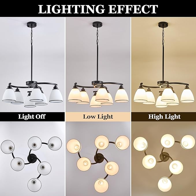 6-Light Modern Chandelier Light Fixture for Dinner Room, Matte Black Hanging Lamp with Frosted Milk White Glass Lampshade, Adjustable Height Pendant Ceiling Light for Island Entryway Office Bedroom