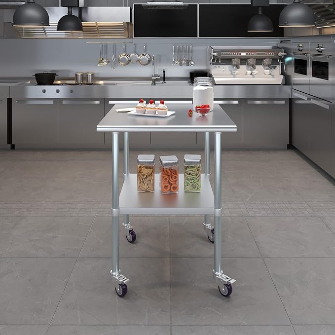 Stainless Steel Work Table with Wheels | NSF Kitchen Island Food Prep | Laundry Garage Utility Bench (Table + Wheels, 30" Long x 30" Deep)