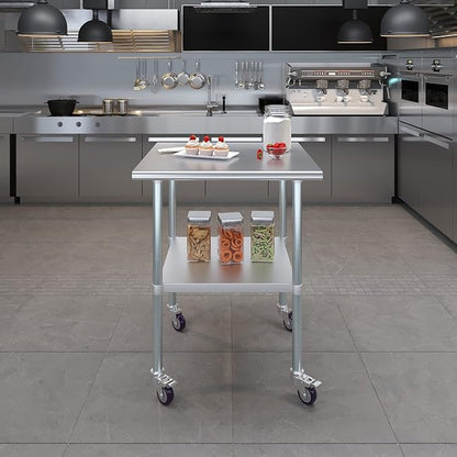 Stainless Steel Work Table with Wheels | NSF Kitchen Island Food Prep | Laundry Garage Utility Bench (Table + Wheels, 30" Long x 30" Deep)