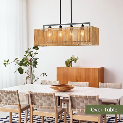 4-Light Rattan Chandeliers for Dining Room, Boho Chandelier 32 Inch Rattan Light Fixture Farmhouse Linear Lighting Wicker Rectangular Chandelier for Kitchen Island Bar