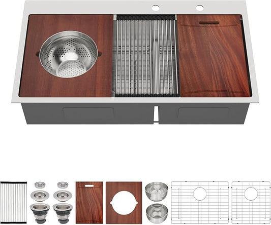 39-inch Drop In Kitchen Sink - Double Bowl 60/40 Multifunctional Workstation Large Kitchen Sink, 304 Stainless Steel 16 Gauge Above Counter Sinks for Kitchen with Mixing Bowl, 39''x22''x10''
