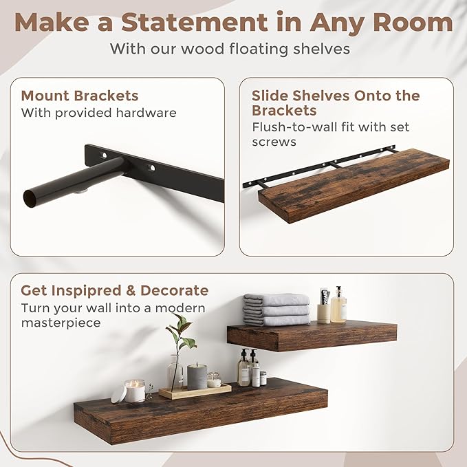 12" Deep Floating Shelves for Wall with Invisible Brackets, Wall Mounted Engineered Wood Shelves with Wood Grain for Living Room, Bedroom, Kitchen Decor and Storage, 48"L Set of 1, Rustic Brown