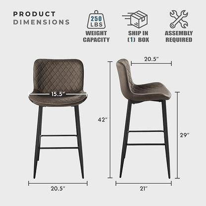 Lexicon Bar Stools Set of 2 - Bar Height Stools for Dining Room, Kitchen, Solid Padded Back, Tall, Black Metal Finish and Brown Velvet Cushion Seat, 29''SH