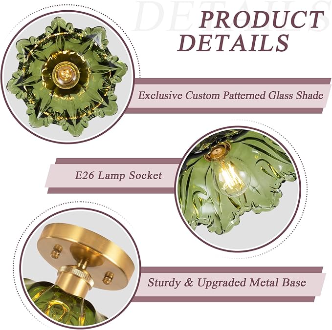 Semi Flush Mount Ceiling Light, Vintage Ceiling Light 11", Green Shade Glass Light Fixture for Kitchen Bedroom Dining Room,Bulb not Included