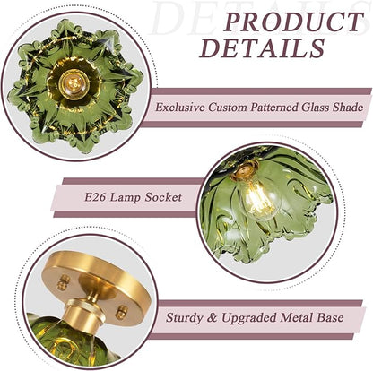 Semi Flush Mount Ceiling Light, Vintage Ceiling Light 11", Green Shade Glass Light Fixture for Kitchen Bedroom Dining Room,Bulb not Included