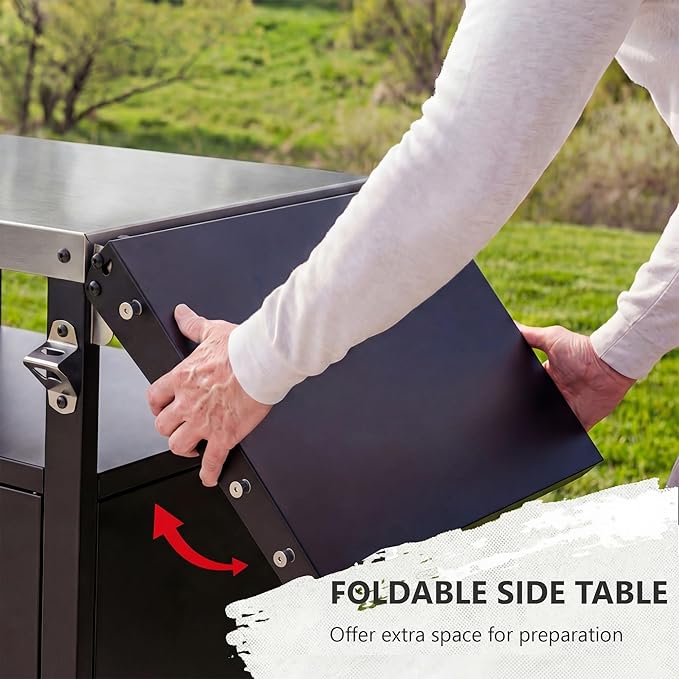 Outdoor Kitchen Island with Stainless Steel Top and Storage Cabinet, Metal Kitchen Island with Foldable Table and Hooks & Spice Rack, Rolling Grill Cart with Wheels and Waterproof Cover Included Black