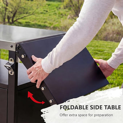 Outdoor Kitchen Island with Stainless Steel Top and Storage Cabinet, Metal Kitchen Island with Foldable Table and Hooks & Spice Rack, Rolling Grill Cart with Wheels and Waterproof Cover Included Black