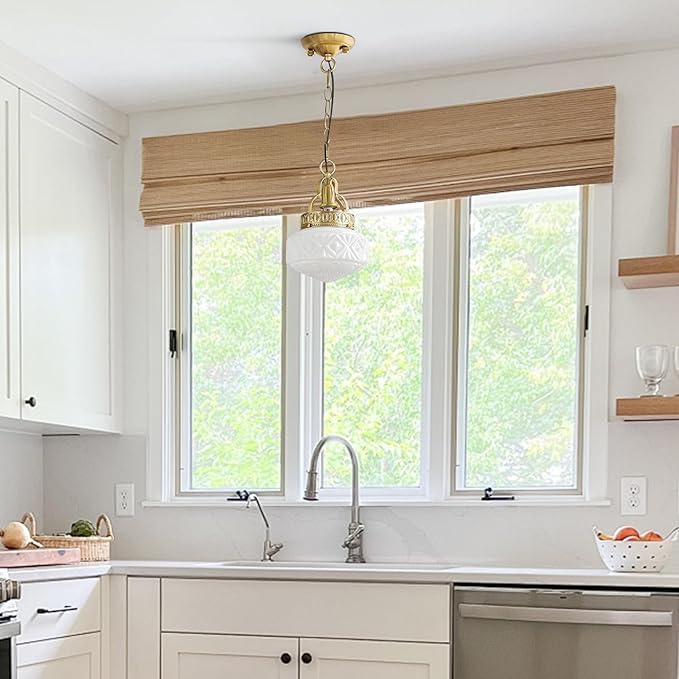 KCO Lighting Vintage Milk Glass Hanging Pendant Light Brass Gold Pendant Light Kitchen Island Mid Century Modern Frosted Globe Chandelier Ceiling Light for Dining Room Living Room