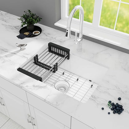 White Kitchen Sink, White Granite Composite Kitchen Sink, 27 Inch Undermount Quartz Stone Kitchen Sinks, 27" x 18" x 9" Single Bowl Kitchen Sinks With Accessories