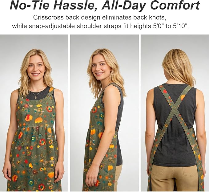 Cityelf Vintage Pinafore Apron Dress Snap Adjust Linen Cotton with Pockets Floral Aprons for Cooking Gardening