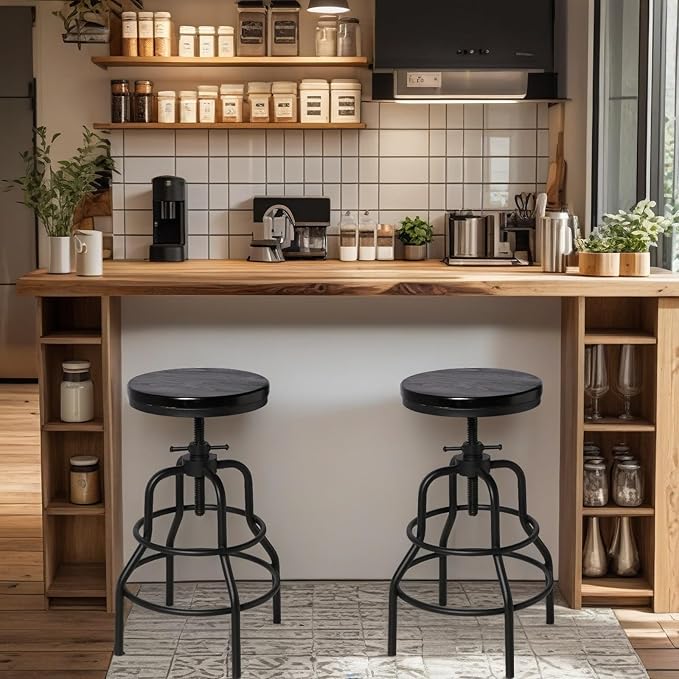 LOKKHAN Vintage Industrial Bar Stool-Rustic Swivel Bar Stool-Round Walnut Wood Metal Stool-Counter/Bar Height Adjustable Pipe Stool-Cast Steel Stool 23.62"-29.52" (Set of 2)