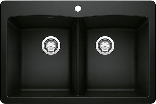 Diamond SILGRANIT 33" 50/50 Double Bowl Dual Mount Kitchen Sink - Coal Black