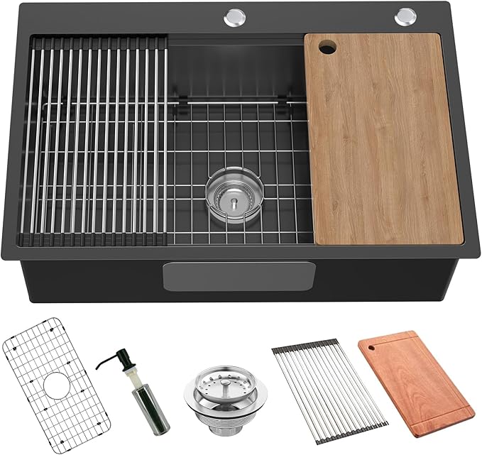 Black Kitchen Sink Workstation, 33x22 Inch Stainless Steel Drop In Kitchen Sink Modern Large Single Bowl Kitchen Sink Gift Combo-SS Grid,Drying Rack,Cutting Board,Soap Dispenser, Drain Strainer Set