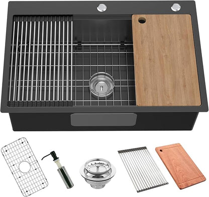 Black Kitchen Sink Workstation, 33x22 Inch Stainless Steel Drop In Kitchen Sink Modern Large Single Bowl Kitchen Sink Gift Combo-SS Grid,Drying Rack,Cutting Board,Soap Dispenser, Drain Strainer Set