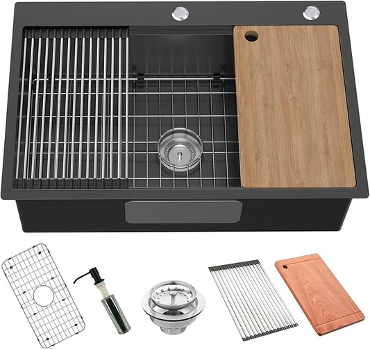 Black Kitchen Sink Workstation, 33x22 Inch Stainless Steel Drop In Kitchen Sink Modern Large Single Bowl Kitchen Sink Gift Combo-SS Grid,Drying Rack,Cutting Board,Soap Dispenser, Drain Strainer Set