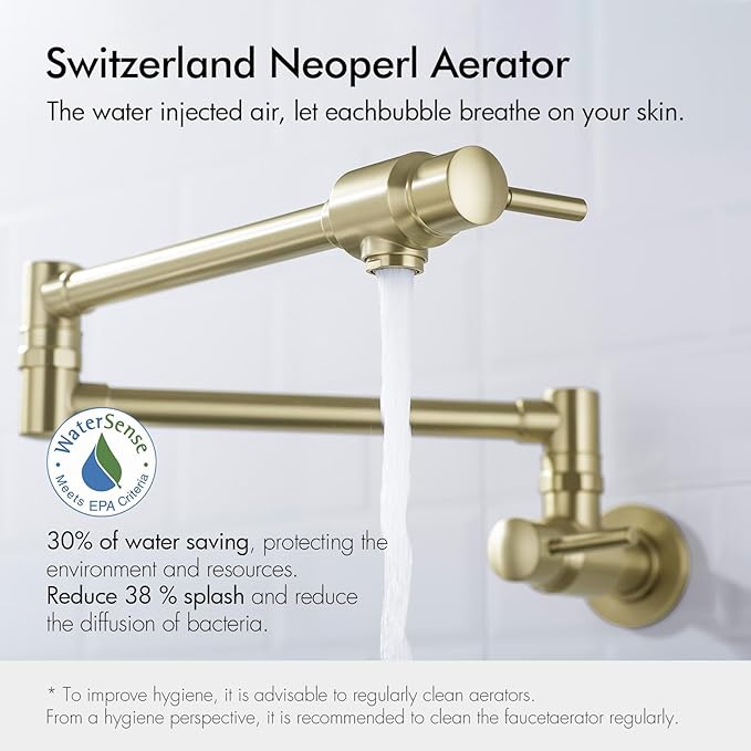 BAGNOLUX Brushed Gold Pot Filler Faucet, Traditional Double Handle Coffee Machine Wall Mount with Spout Reach Double-Jointed Swivel Stove Brass Kitchen Faucet 23.4 Inch, Brushed Light Yellow Gold