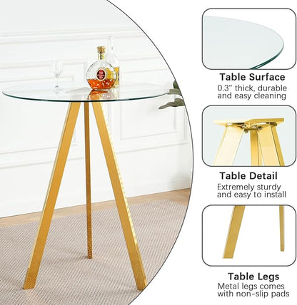 31.5'' Glass Round Bar Table with Stools Set for 4, Modern High Top Pub Table & 4 Adjustable Metal Bar Stool Velvet Swivel Counter Height Bars Chairs (Gold Metal Legs, Clear Top + Grey Chair)