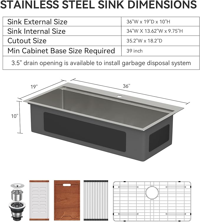Lordear 36 Drop In Kitchen Sinks Worktation 16 Gauge Stainless Steel Single Bowl Ledge Worktation 36x19 Inch Topmount Overcounter Handmade Kitchen Sink Basin With Cutting Board