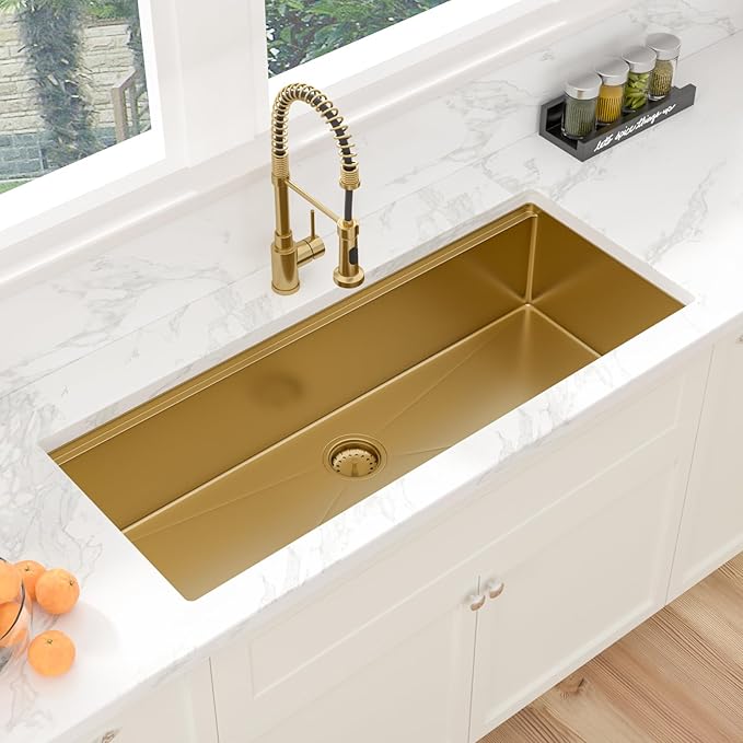 Sarlai 45 Gold Undermount Kitchen Sink - 45x19 Inch Gold Kitchen Sink Workstation Ledge NANO-Tech Sinks Round Corner 16 Gauge Stainless Steel Single Bowl Basin