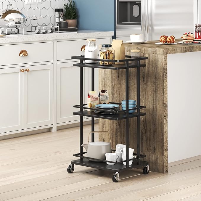 XYZLVSI 3-Tier Rolling Serving Bar Cart, Wood and Metal Kitchen Island Storage Cart with Wheels, Multifunction Utility Cart Storage Rack for Home, Kitchen, Bar, Dinning Room, Living Room (Black)