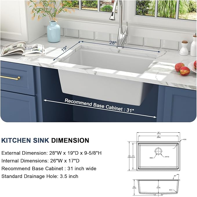 Lordear 28 White Undermount Kitchen Sink Composite Granite Sink 28x19 Inch Quartz Sinks Workstation Under Counter Kitchen Sinks