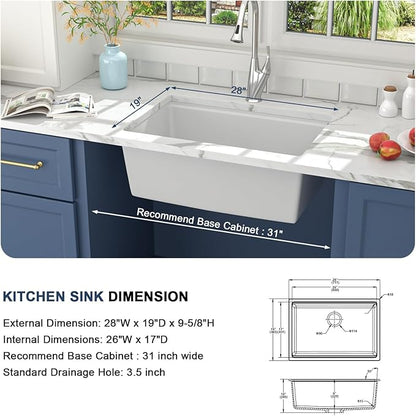 Lordear 28 White Undermount Kitchen Sink Composite Granite Sink 28x19 Inch Quartz Sinks Workstation Under Counter Kitchen Sinks