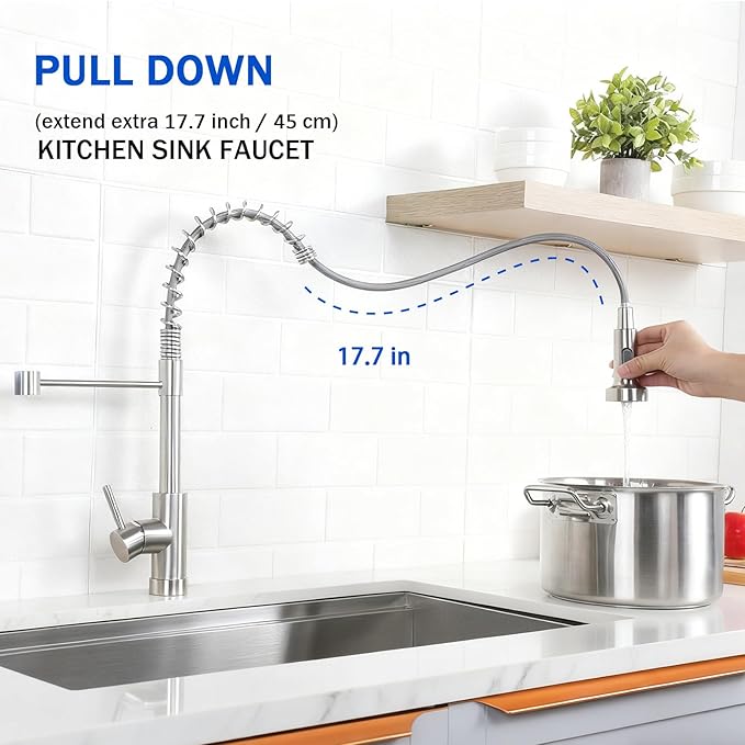 Comllen Kitchen Faucet with Pull Down Sprayer Brushed Nickel Stainless Steel 1 Handle Pull Out Spring Sink Faucets 1 Hole Or 3 Hole Dual Function for Outdoor Utility Camper Laundry Rv Wet Bar