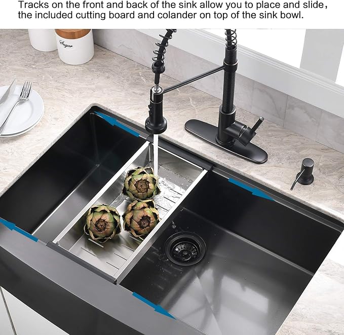 33 Inch Farmhouse Kitchen Sink Workstation Black - VOKIM 33x22 Apron Front Kitchen Sink Stainless Steel 16 Gauge Single Bowl Gunmetal Farm Sink