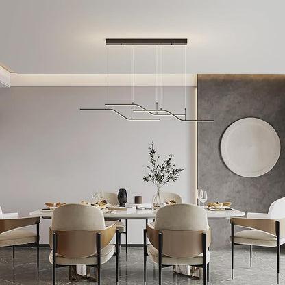 Siittoo Modern LED Chandelier, 45W Dimmable Dining Room Chandelier with Remote, 3-Light Black Wave Linear Hanging Pendant Light Fixture for Kitchen Island Restaurant (52'')