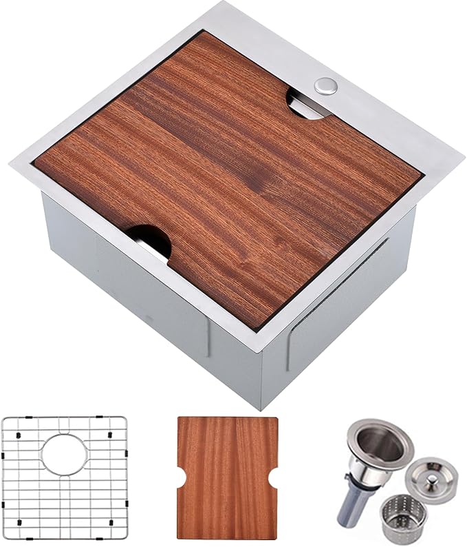 VCCUCINE Bar Sink Drop in, 21x20 Inch Topmount RV Small Kitchen Sink, 16 Gauge Overmount Stainless Steel Laundry Wet Bar Sink, Top Mount Outdoor Single Bowl,Brushed Nickel Prep Sink with Accessories