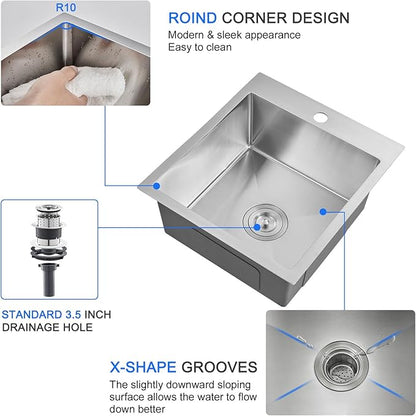 MENATT 15 x 17 Inch Drop in Bar Sink, Single Faucet Hole Single Bowl Topmount Small Kitchen Sink, 304 Stainless Steel Kitchen Bar or Prep Sinks, Brushed