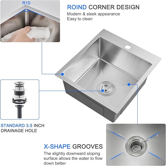 MENATT 18 inch Kitchen Sink Drop-In Brushed，304 Stainless Steel Handmade Single Faucet Hole Single Bowl Small Topmount Kitchen Bar Sink, D18" x W18" x H9"