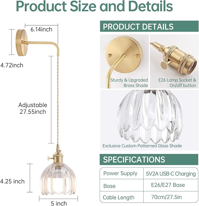 Shenmoyl Battery Operated Wall Sconce with Clear Tulip Shade Pattern Glass Adjustable Chain Retro Gold Wall Mounted Light, Modern Wall Lamp Fixtures Decor for Bedside Bedroom Indoor Doorway