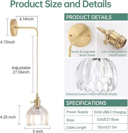 Shenmoyl Battery Operated Wall Sconce with Clear Tulip Shade Pattern Glass Adjustable Chain Retro Gold Wall Mounted Light, Modern Wall Lamp Fixtures Decor for Bedside Bedroom Indoor Doorway