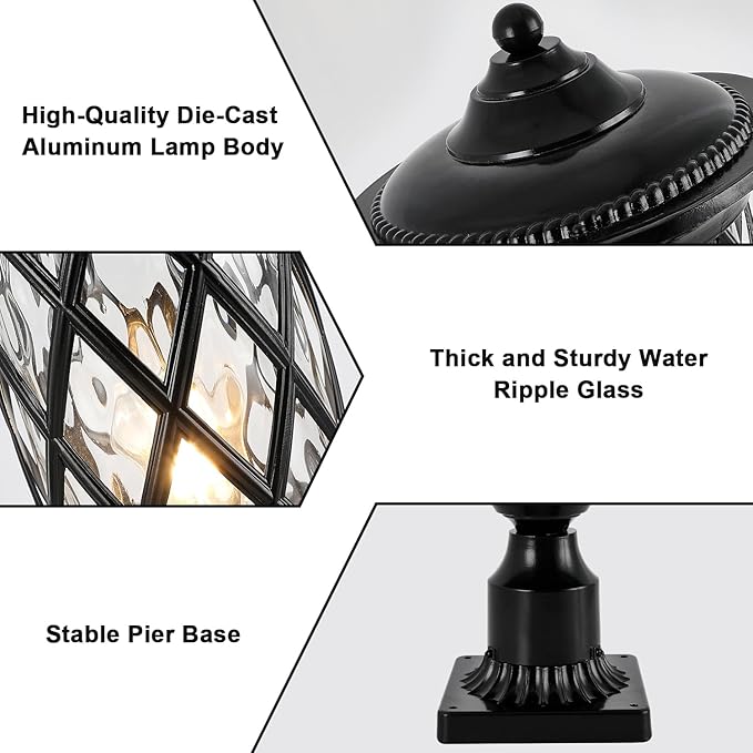 Industrial Exterior Lamp Post Lighting Fixture Waterproof Post Light Outdoor with 3-Inch Pier Mount Base, Water Glass Lampshade 60W E26 Retro Outdoor Pillar Light for Yard, Porch, Patio