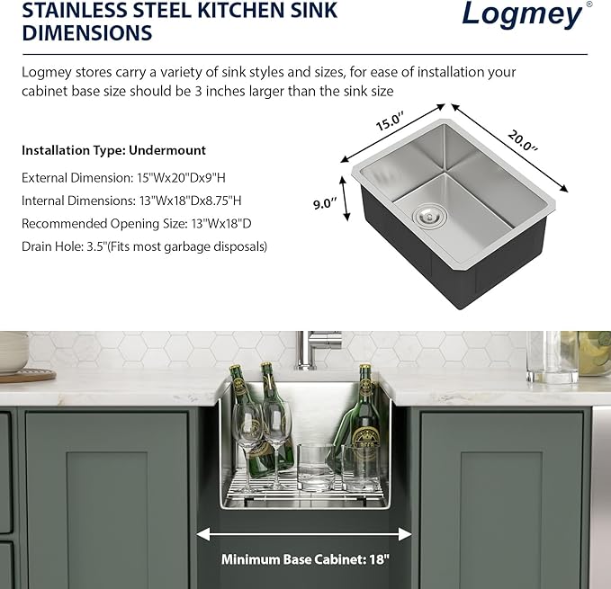 Logmey 15x20 Undermount Bar Sink,16-Gauge Heavy-Duty Stainless Steel Handmade Small Kitchen Sink,Scratch-resistant,Easy Clean,15x20x9 Single-Bowl Utility Sink for RVs and Prep Stations