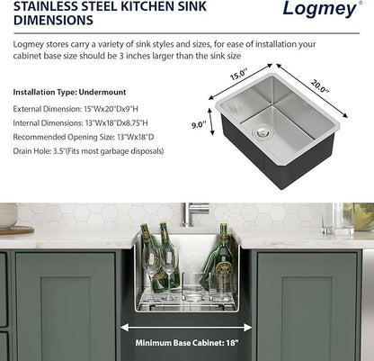Logmey 15x20 Undermount Bar Sink,16-Gauge Heavy-Duty Stainless Steel Handmade Small Kitchen Sink,Scratch-resistant,Easy Clean,15x20x9 Single-Bowl Utility Sink for RVs and Prep Stations
