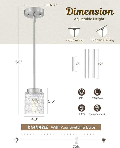 FEMILA 3 Pack Brushed Nickel Pendant Lighting,4" Mini Glass Pendant Light for Kitchen Island, Pendant Light Vintage Light Fixtures for Bedroom, Hotel, Dining Room, 4FY86MIL-3PK BN