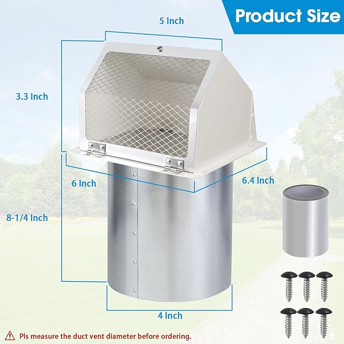 4 Inch Dryer Vent Cover Outside,Exterior Vent Cover Dryer Exhaust Vent Cover Outdoor Dryer Vent Cover for Exterior Wall Vent Hood for Dryer Range Hood House AC Vent,Hooded Wall Vent with Screen&Damper