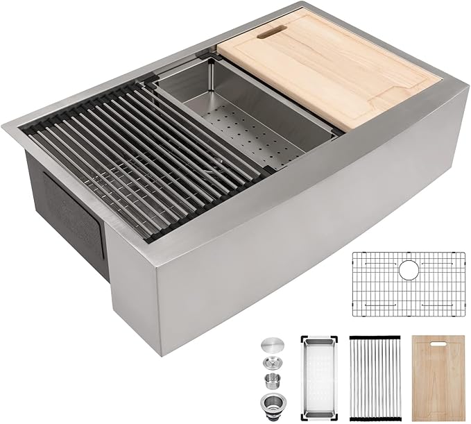 Kichae 33 Farmhouse Sink Stainless Steel - 33 Inch Kitchen Sink Apron Front Ledge Workstation 16 Gauge Stainless Steel Single Bowl Handmade Farm Style Kitchen Sinks