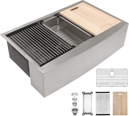 Kichae 33 Farmhouse Sink Stainless Steel - 33 Inch Kitchen Sink Apron Front Ledge Workstation 16 Gauge Stainless Steel Single Bowl Handmade Farm Style Kitchen Sinks